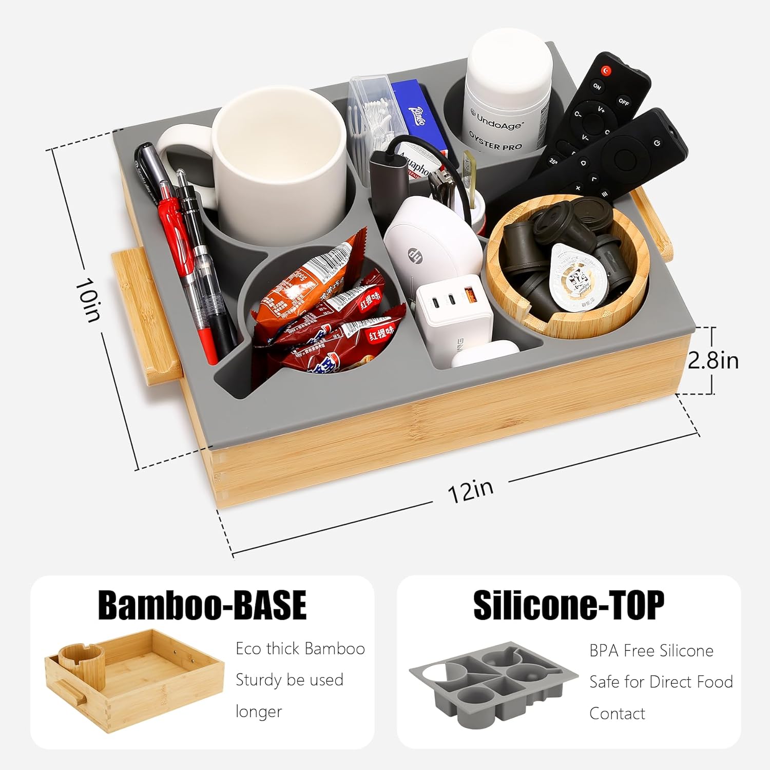 Nnewvante Couch Cup Holder, Bamboo Silicone Couch Caddy with 360° Rotating Phone Stand, Sofa Bed Organizer with Anti-Slip Pad,Snack Drink Holder with Carry Handle,12x10inch