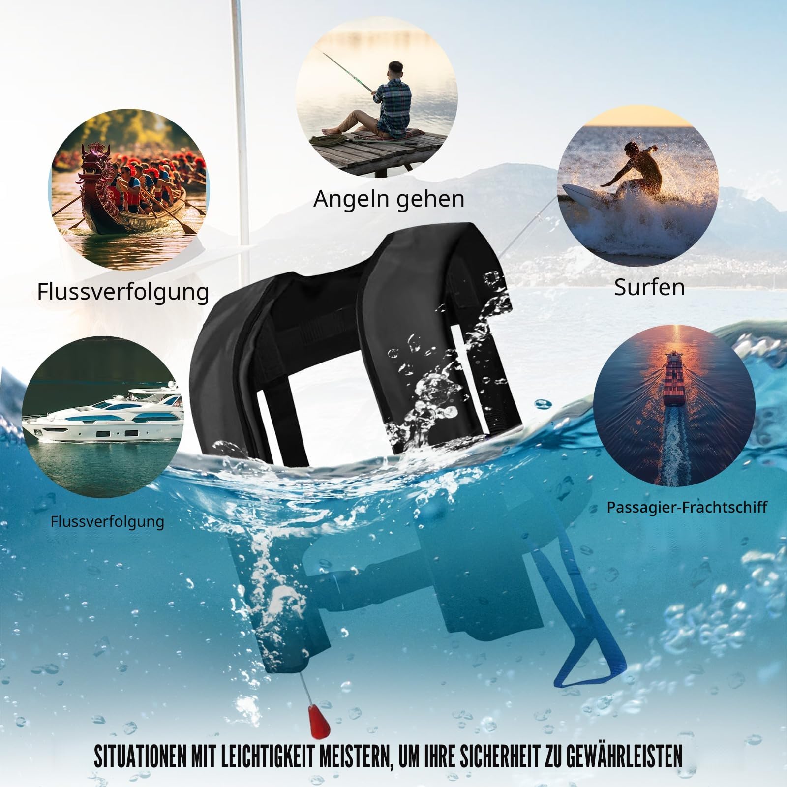 Rettungsweste für Erwachsene, automatisch, aufblasbar, mit verstellbarer Schnalle, mit reflektierenden Streifen und Pfeife, Schwimmwesten für Wassersport, kein CO2-Gas