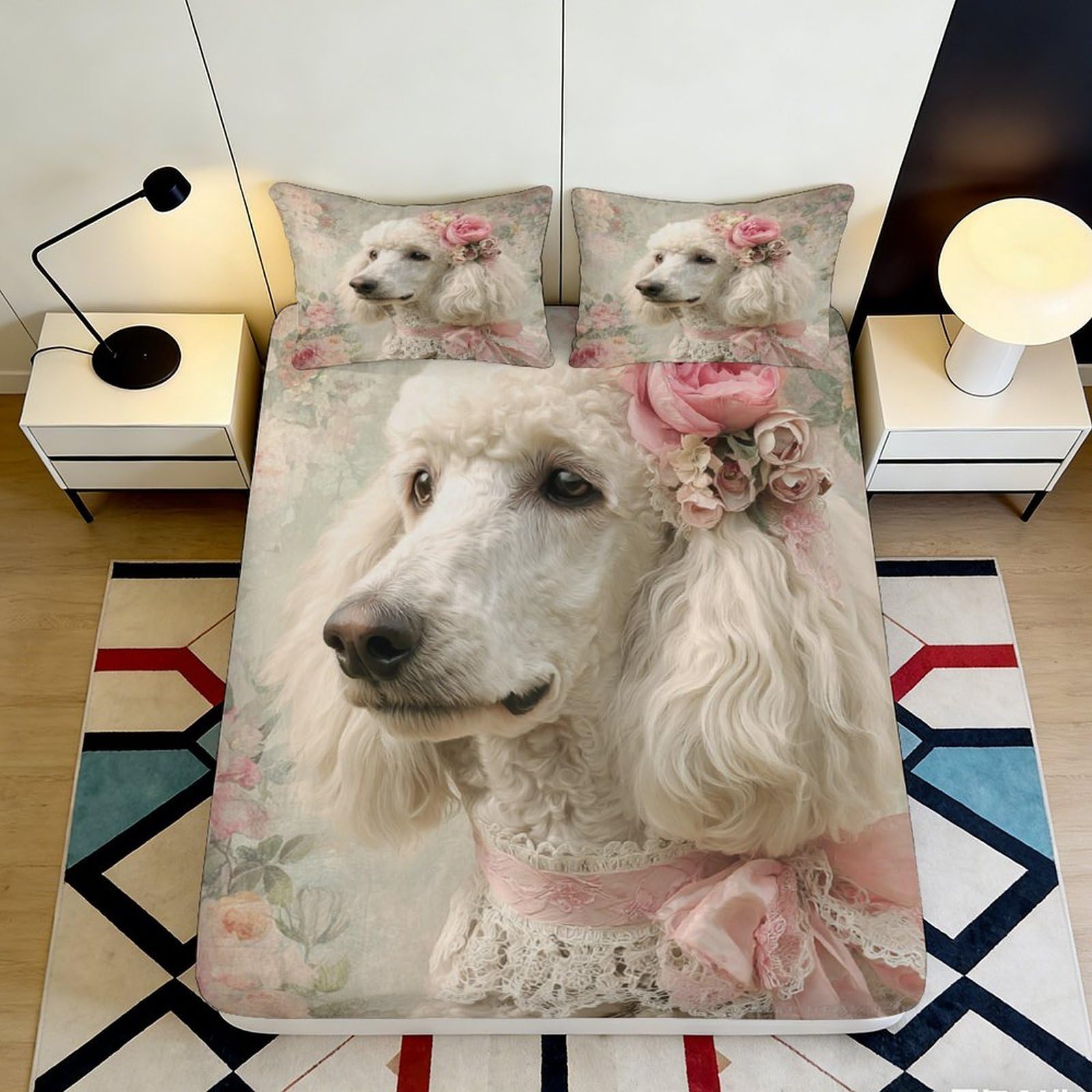 3D Printed Poodle Pattern Fitted Sheet Microfiber Deep Pocket Non-Slip Poodle Mattress Fitted Cover Bedroom Bedding for All Ages 200x200x25cm