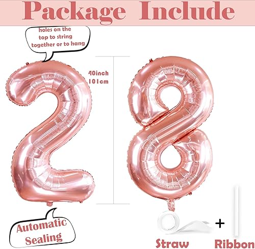 Miniatura 3 de WEIKA Globos de oro rosa de 40 pulgadas con el número 28, globo gigante de helio con número 28 para fiesta de cumpleaños de 28 años, niñas y