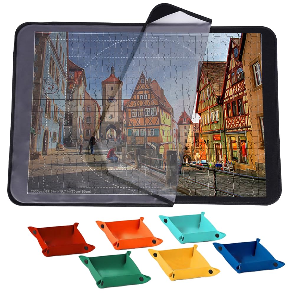 Foldable Jigsaw Puzzle Board, SGZIOO Portable Jigsaw Board up to 1000 Pieces, Non-Slip Felt Puzzle Board for Move and Storage, Lightweight Puzzle Storage with 6 Storing Trays, Save Progress