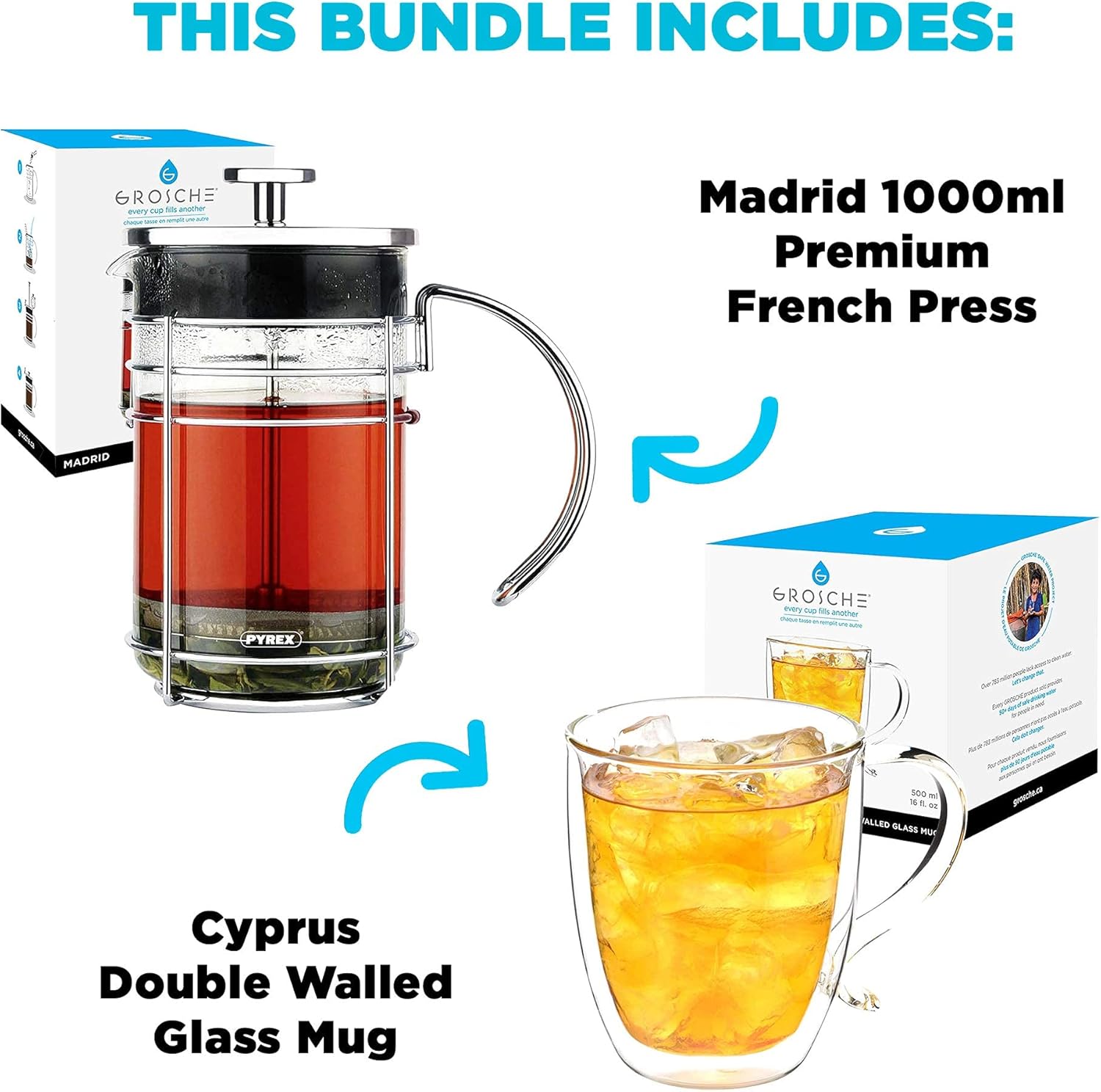 GROSCHE Madrid French Press coffee maker or tea press (34 fl oz) and Cyprus Double Walled glass mug (16 fl oz) bundle