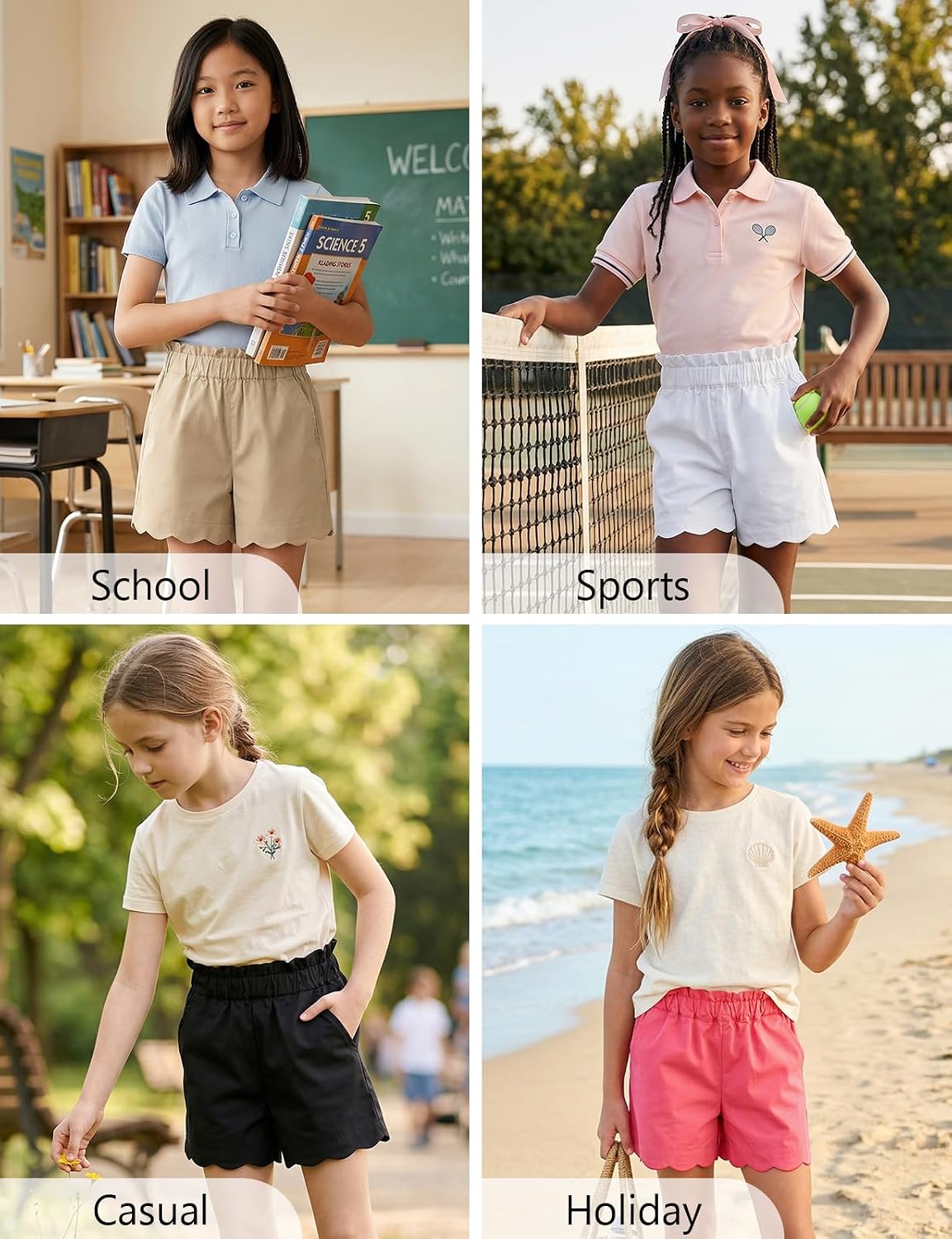 Noomelfish Girls Scalloped Stretch Twill Pull On Shorts with Pockets (5-12 Years)