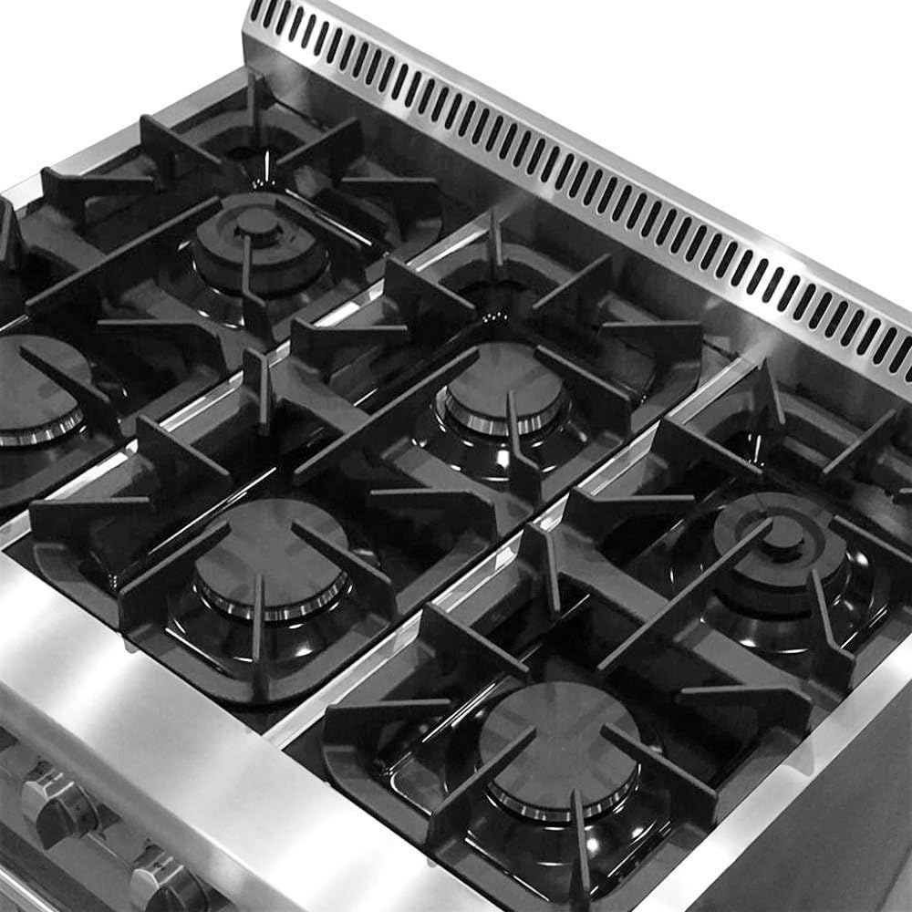 Одблиску view of three metal control knobs on the Thor Kitchen HRD3606U Range