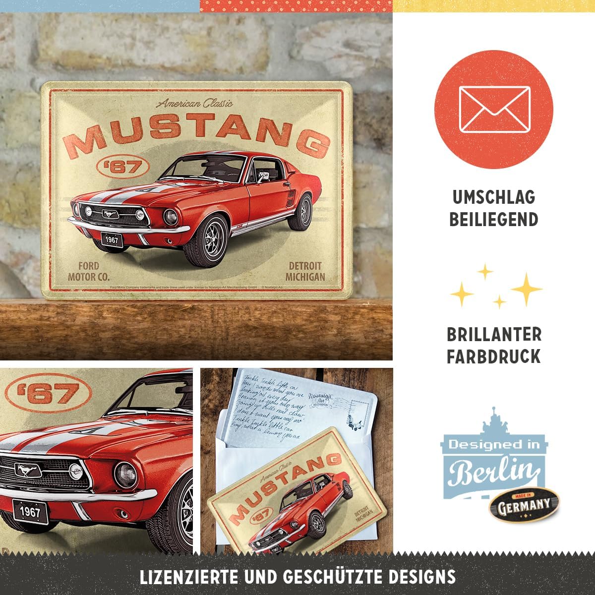Nostalgic-Art Retro Tin Postcard, 10 x 14 cm, Ford Mustang - GT 1967 Red - Gift Idea for Ford Accessories Fans, Original Licensed Product (OLP), Metal Postcard, Mini Tin Sign as Greeting Card