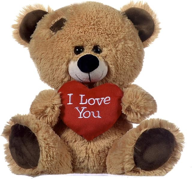 Brown Patchwork Teddy Bear holding Red Heart with "I Love You" written on it (Golden Brown, 8")