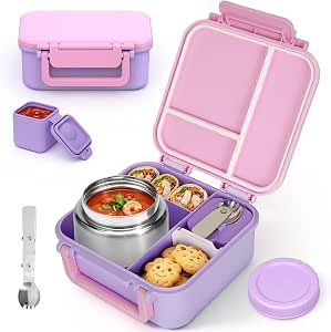 Kids Bento Box Lunch Set with Thermo Food Jar, Sauce Cup, Spoon & Dividers - Pink/Purple