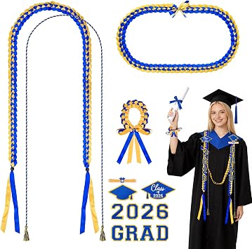 Dreamtop Graduation Leis Class of 2026-15 Pcs Double Braided Graduation Ribbon Leis and Grad Cord Adjustable Wristband with 2026 & Grad Patches Graduation Party SuppliesBlue and Gold