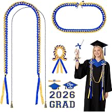Dreamtop Graduation Leis Class of 2026-15 Pcs Double Braided Graduation Ribbon Leis and Grad Cord Adjustable Wristband with 2026 & Grad Patches Graduation Party SuppliesBlue and Gold