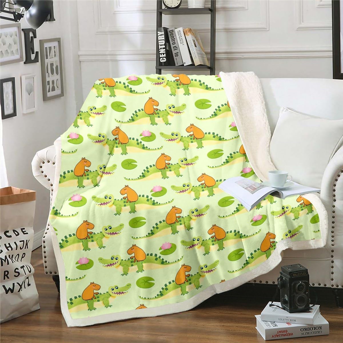 Erosebridal Capybara Throw Blanket for Toddlers Kids, Cartoon Crocodile Fuzzy Blanket Cute Animal Fleece Blanket Watercolor Botanical Lotus Plush Bed Blanket for Boys Girls Youth Sofa Couch, Throw