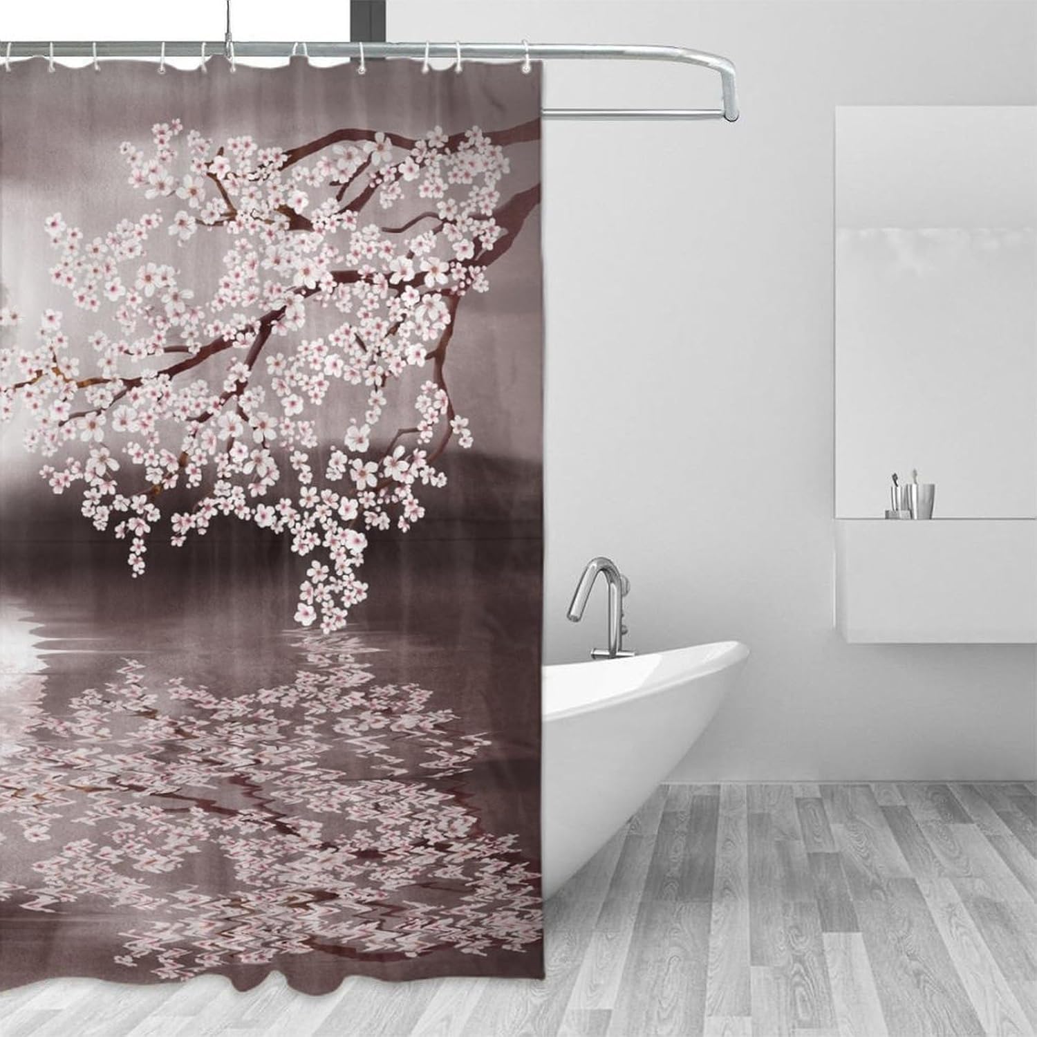 Japanese Cherry Blossom Shower Curtains,Pink Flower Nature Landscape Print Shower Curtain for Bathroom Decor Asia Oriental Theme Fabric Waterproof Upholstery Hook 66x72inch