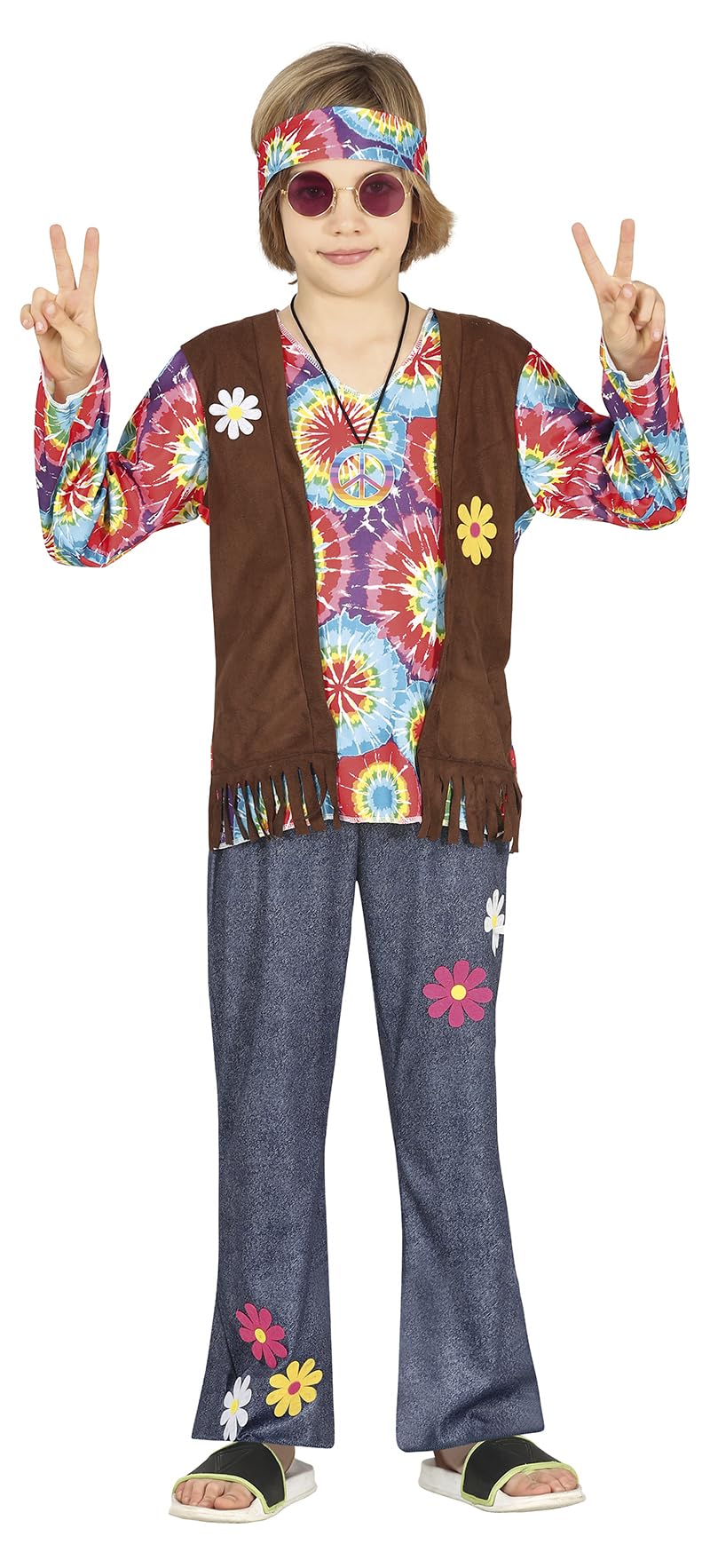 FIESTAS GUIRCA Hippie Boy Fancy Dress Costume - 70s Kids Attire with Hippie Headband, Multicoloured Tie-Dye T-Shirt, Waistcoat and Trousers for Children 10-12 Years