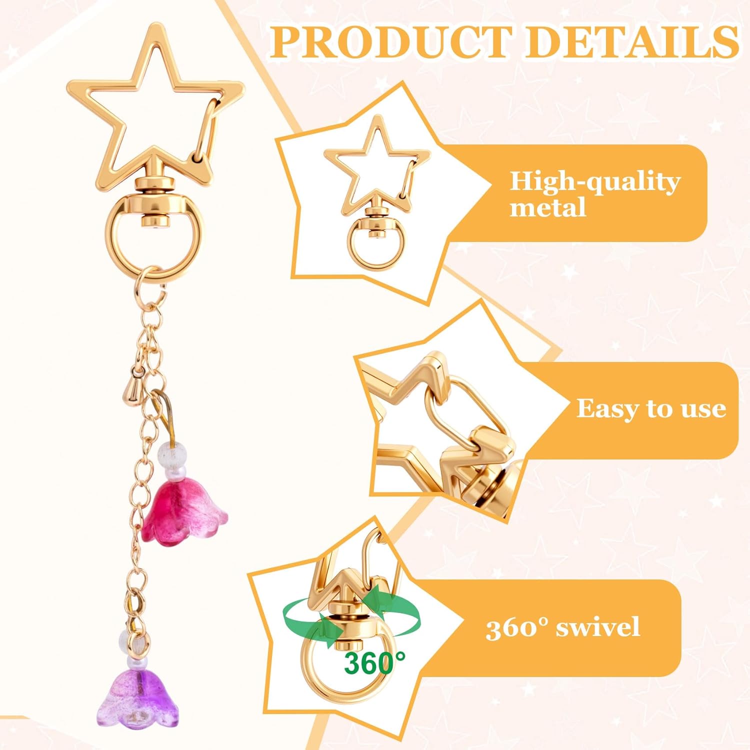 20 PCS Star Swivel Keychain Clasps, Heavy Duty Star Heart Shaped Spring Snap Clips, Metal Swivel Lobster Clasp, DIY Accessories, Keyrings for Crafting, Keychains -Gold, Silver - Image 3