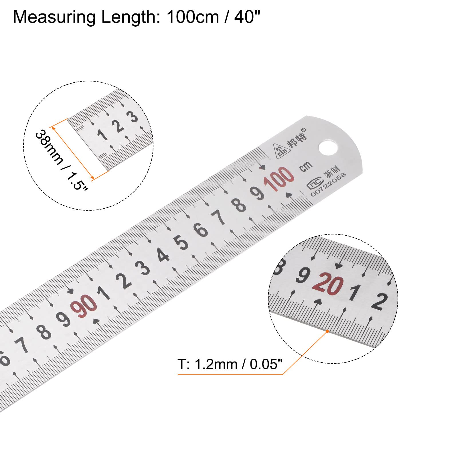 sourcing map Règle en acier inoxydable de 100 cm, règle en métal de 3,8 cm de large, en pouces et métrique, outil de mesure à bord droit