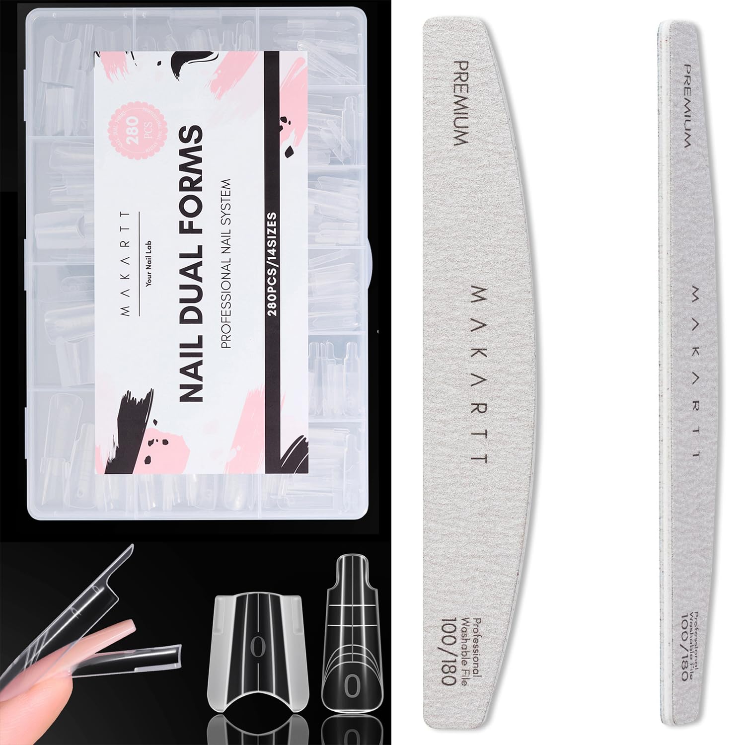 Makartt Sandwich Dual Nail Forms Long Coffin Shape Bundle with 100/180 Grit Nail File 2Pcs, 280Pcs Tapered Molds for Mess-free Gel Extension & Professional Emery Boards for Beginners Home DIY Manicure