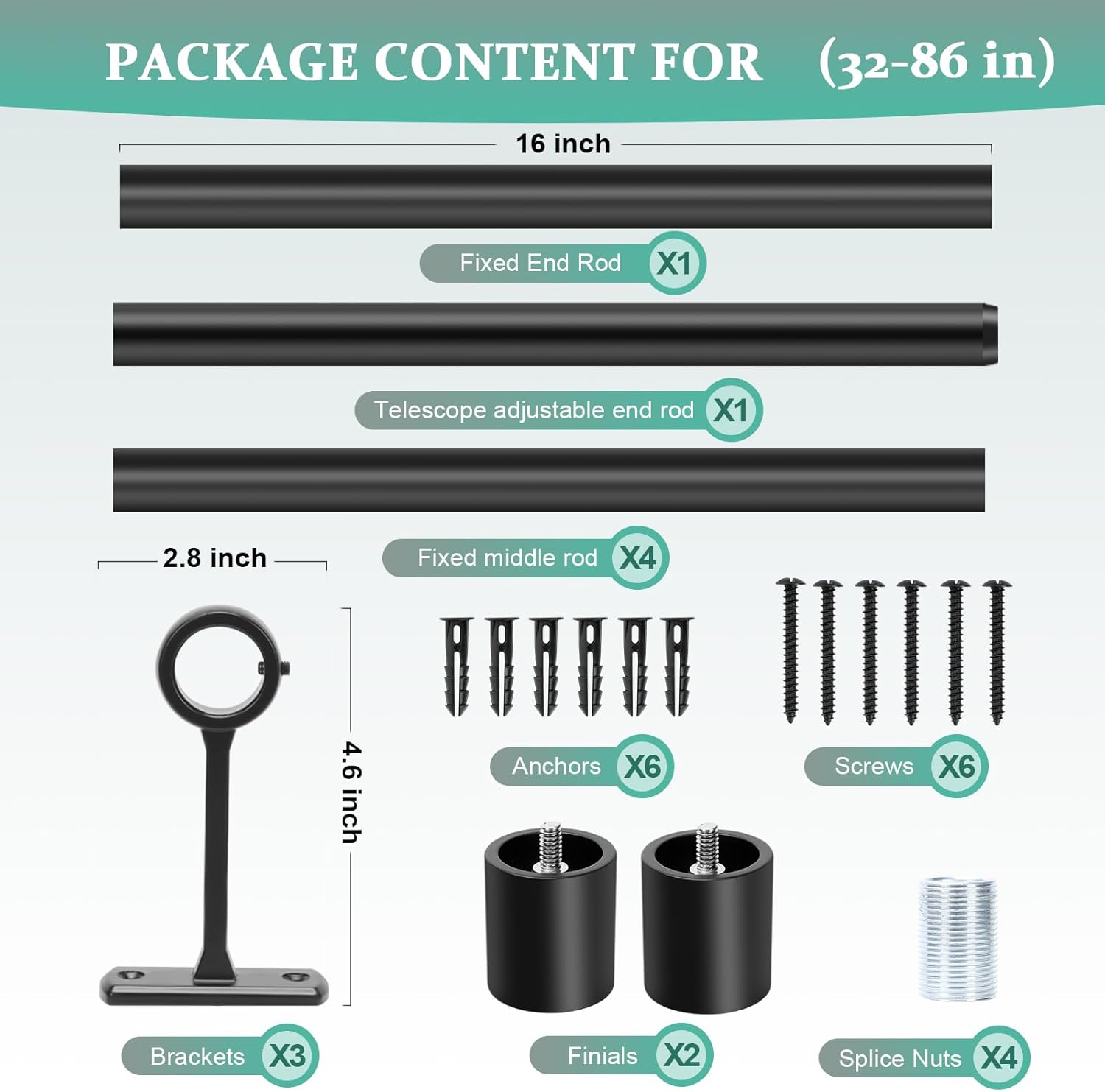 Curtain Rods for Windows 48 to 86 Inches, Adjustable 1 Inch Black Curtain Rod for Outdoor Indoor, Modern Heavy Duty Drapery Rod, Room Divider, All Metal, Easy Install