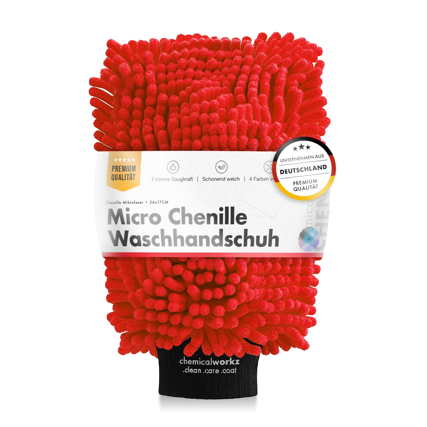 Chemicalworkz® Chenille Wash Mitt - Red - Car Wash Mitt - Extra Absorbent - Made of Ultra Soft Microfibre - Removes Stubborn Dirt Effortlessly