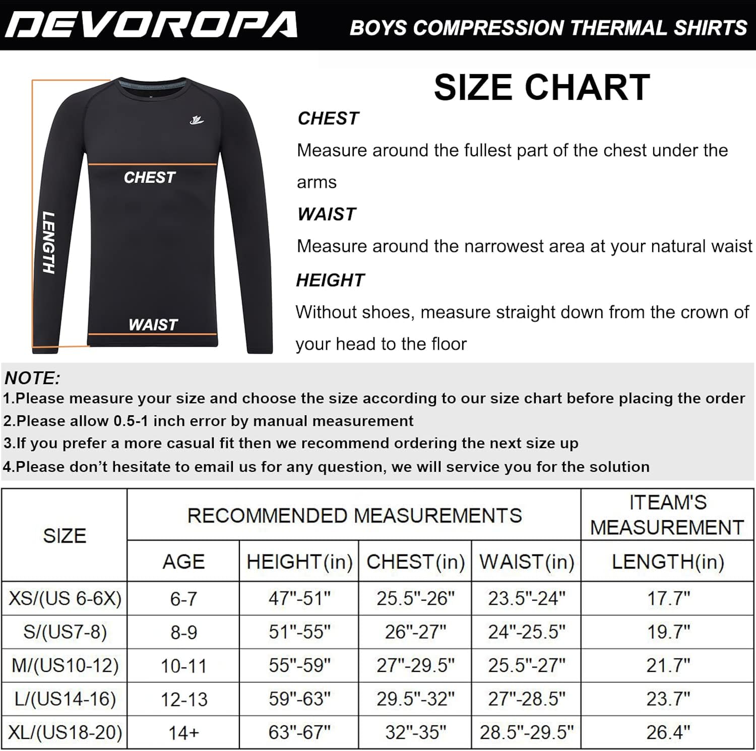 DEVOROPA Youth Boys Compression Thermal Shirt Long Sleeve Fleece Baselayer Soccer Baseball Undershirt