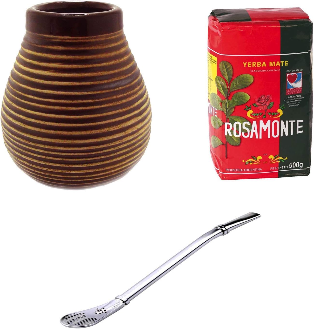 Mate Ceramic Mug Brown + Bombilla Stainless Steel + Rosamonte Yerba Mate 500 g