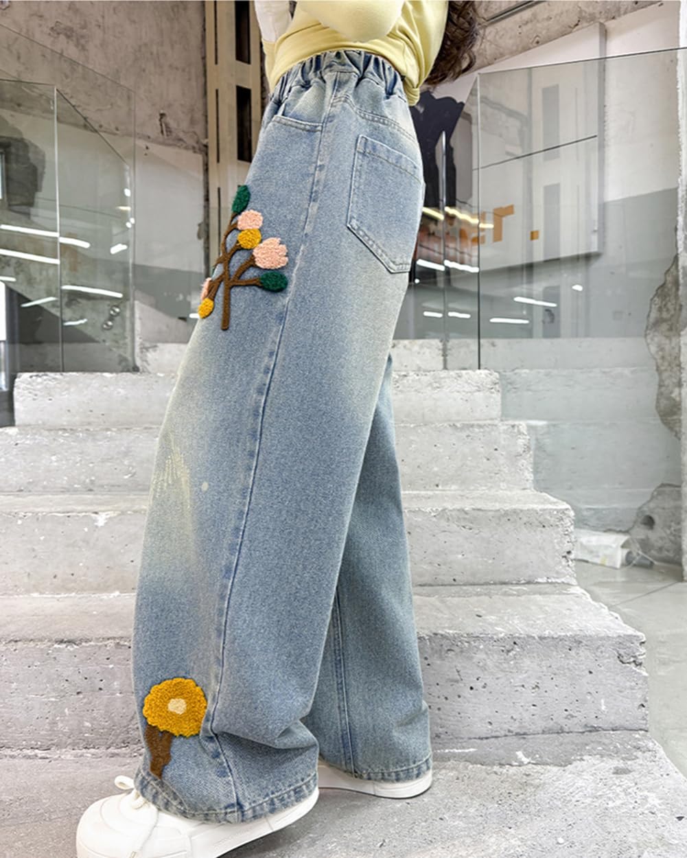 HBER Jeans holgados de pierna recta para niña, estilo casual, Y2K, bonitos pantalones de mezclilla bordados con cintura elástica para niños, adolescentes y niñas