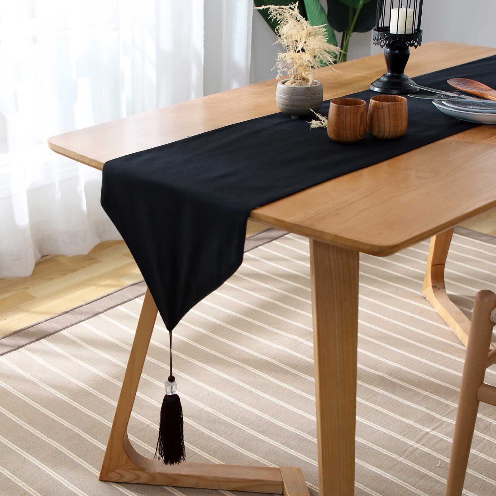 Schwarzer Tischläufer, Baumwolle Leinen Tischläufer Mit Quaste, Classic Simplicity Multi Size Couchtischläufer, Für Weihnachten Halloween Party Urlaub Home Decor,33X240cm/13X94