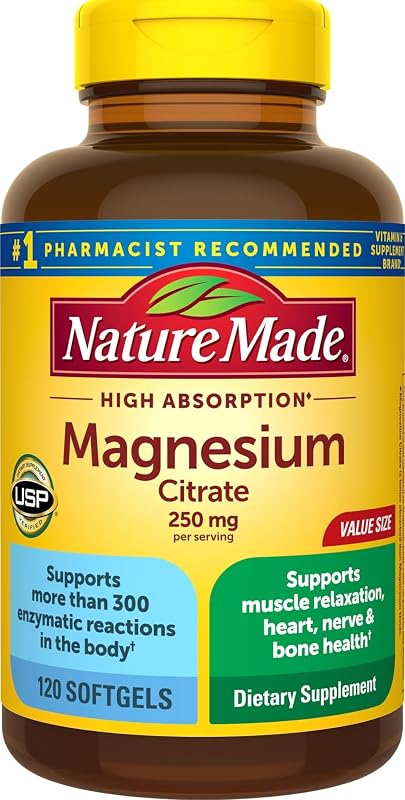 Citrato de magnesio Nature Made 250 mg por porción, 120 cápsulas blandas | Suplementos de magnesio de alta absorción para hombres y mujeres, apoyo para músculos, nervios, huesos y corazón, suministro para 60 días