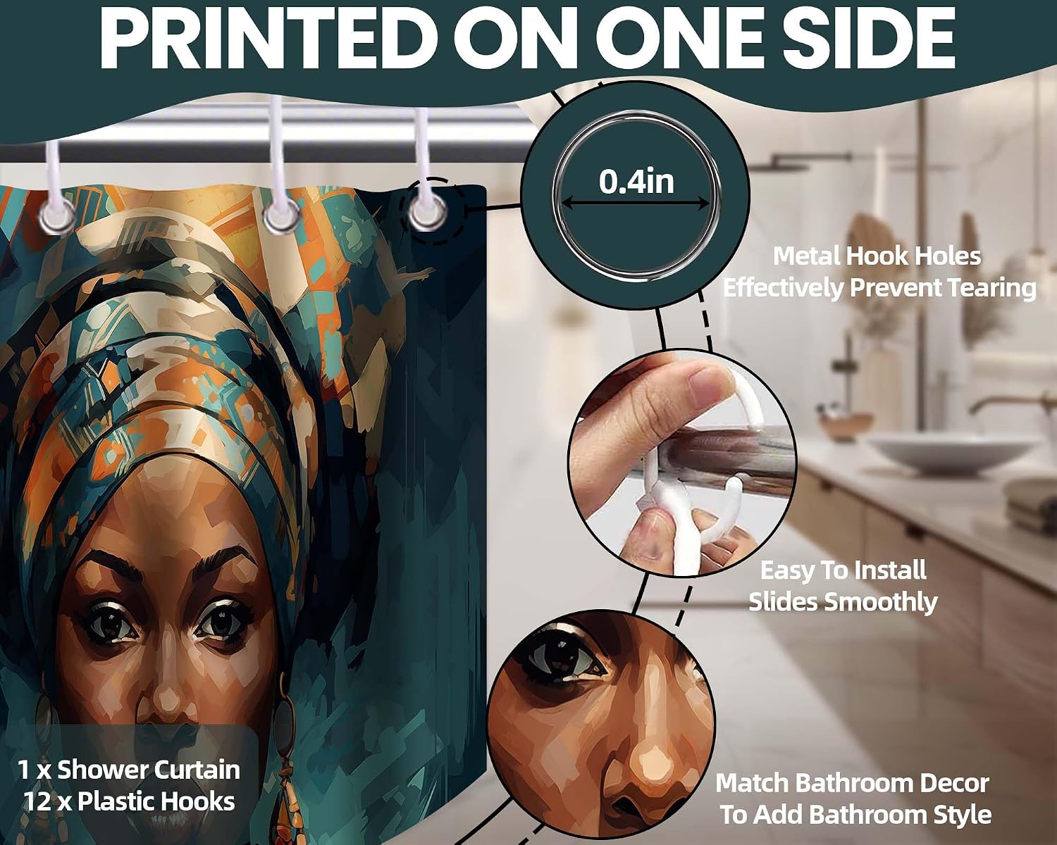 Black Woman Shower Curtain, African American Shower Curtains for Bathroom Decor Dark Teal Afro Black Art Afrocentric Bath Curtain Set, Waterproof Fabric with Hooks (70''W x 84''L)