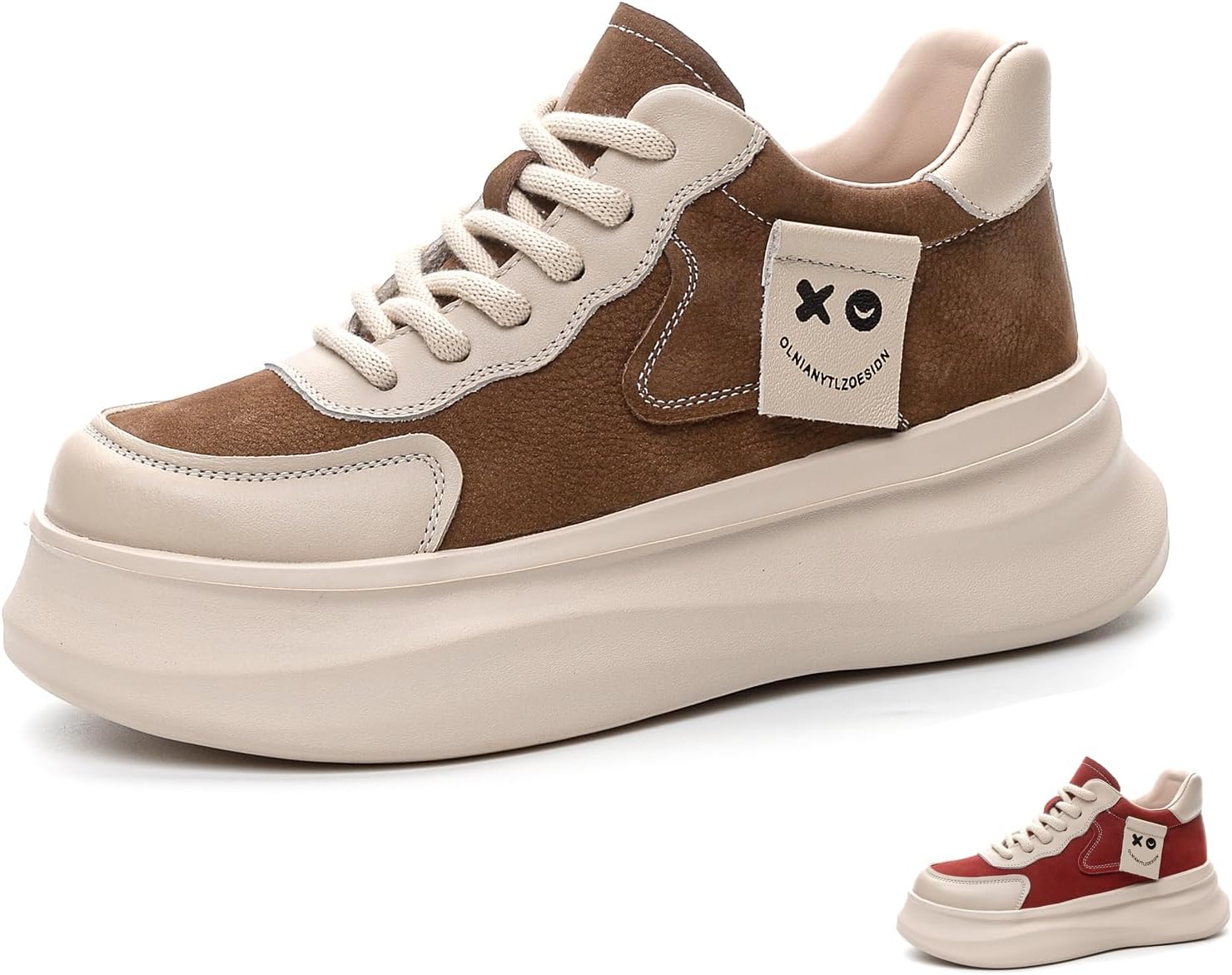 Women's Genuine Leather Lace Up Platform Sneaker Fashion Cute Color Splicing Anti-Collision Round Toe Casual Sneaker Comfortable Heighten Walking Shoes