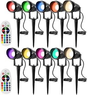Low Voltage Landscape Lights 12V-24V 10W RGBW Color Changing Pathway Lighting Remote Control Warm White RGB LED Landscape Lights IP66 Waterproof Yard Garden Outdoor Spotlights (10Pack)