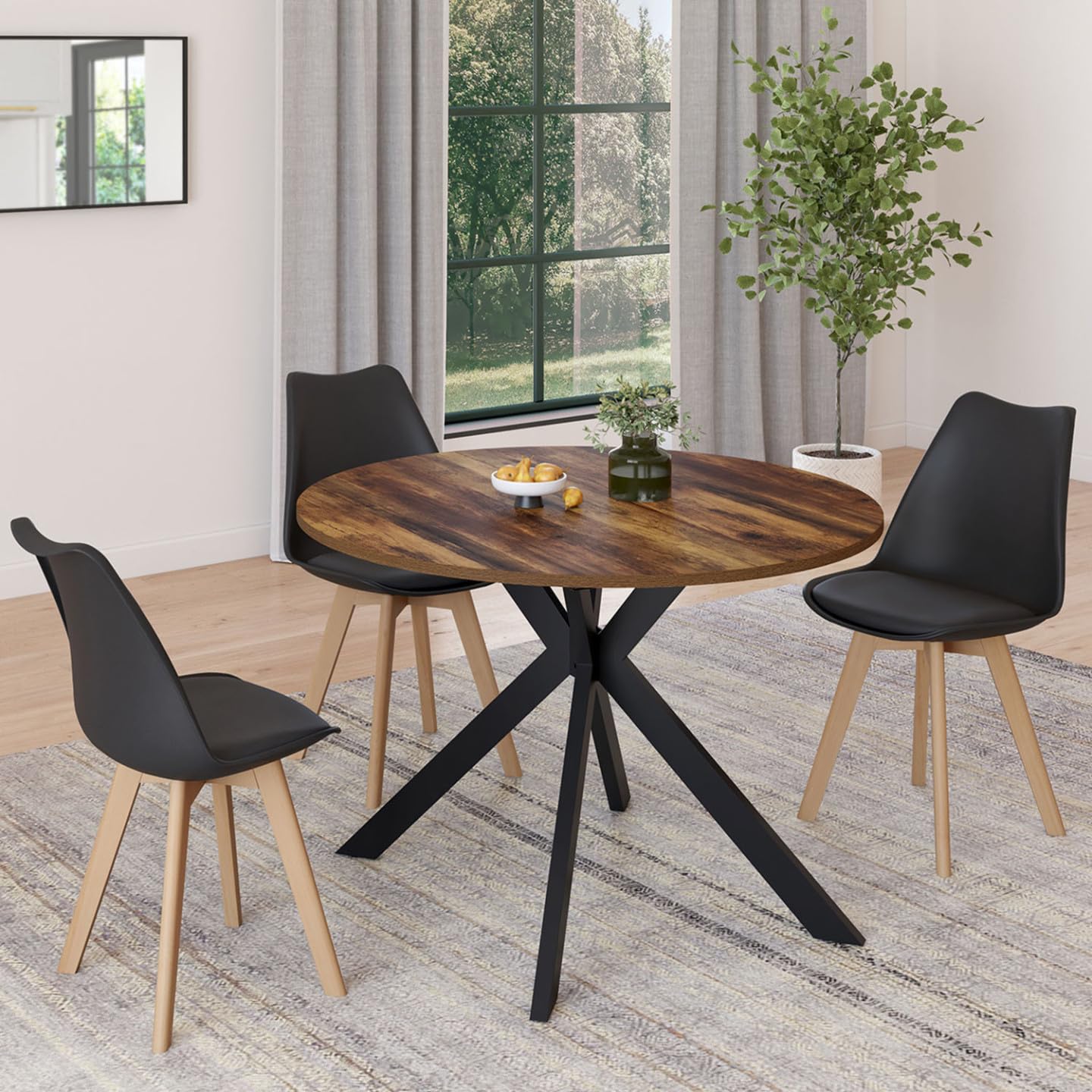IDMarket – Mesa de comedor extensible redonda Alix 4-10 personas, pie araña negro y bandeja madera oscura Hawkins 110-200 cm