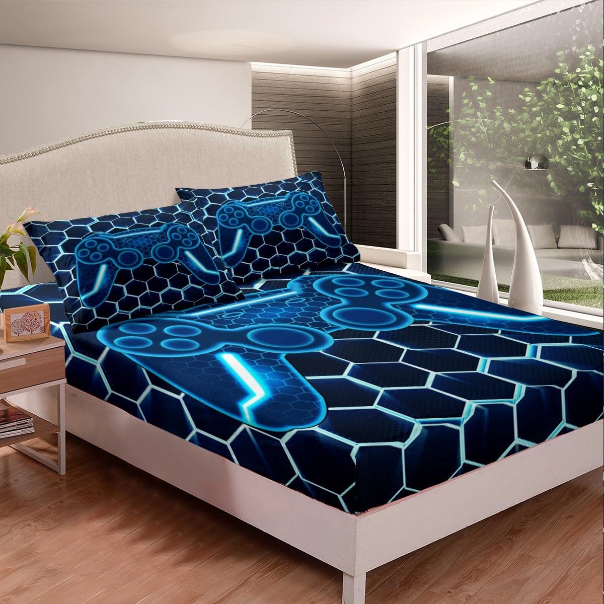 Boys Bed Sheets Twin Size,Beehive Hexagon Geometric Sheet Sets for Kids Teens Adult Room Decor,Bright Blue Thick Lines Gaming Gamepad Bedding Set 3pcs 3D Pattern Fitted Sheet,1 Pillowcase