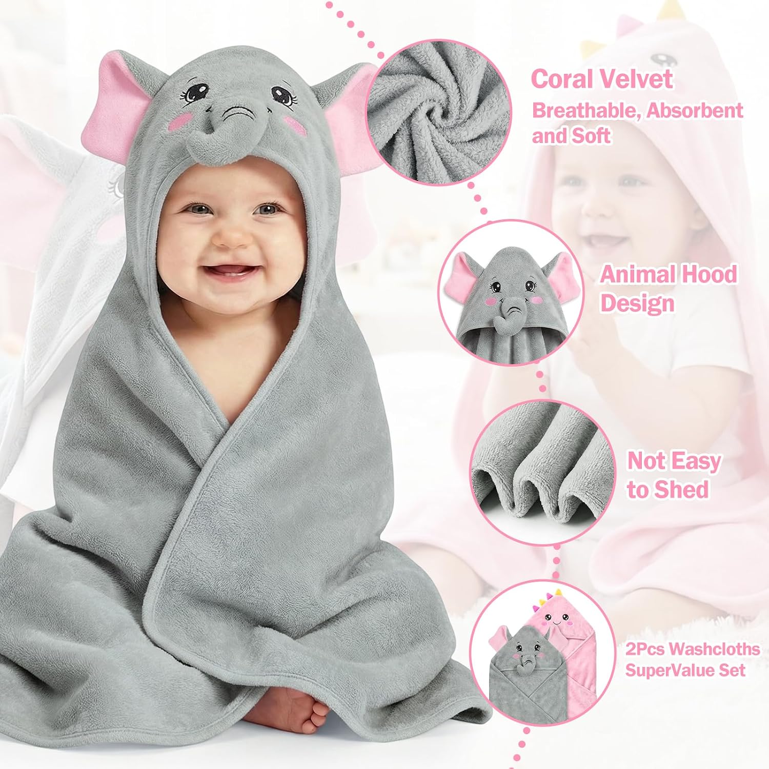 2 Pack Hooded Baby Towels for Newborn, Coral Fleece Baby Bath Towel for Newborn Infant Toddler, Ultra Soft & Lightweight Baby Bath Towels Baby Bath Essentials