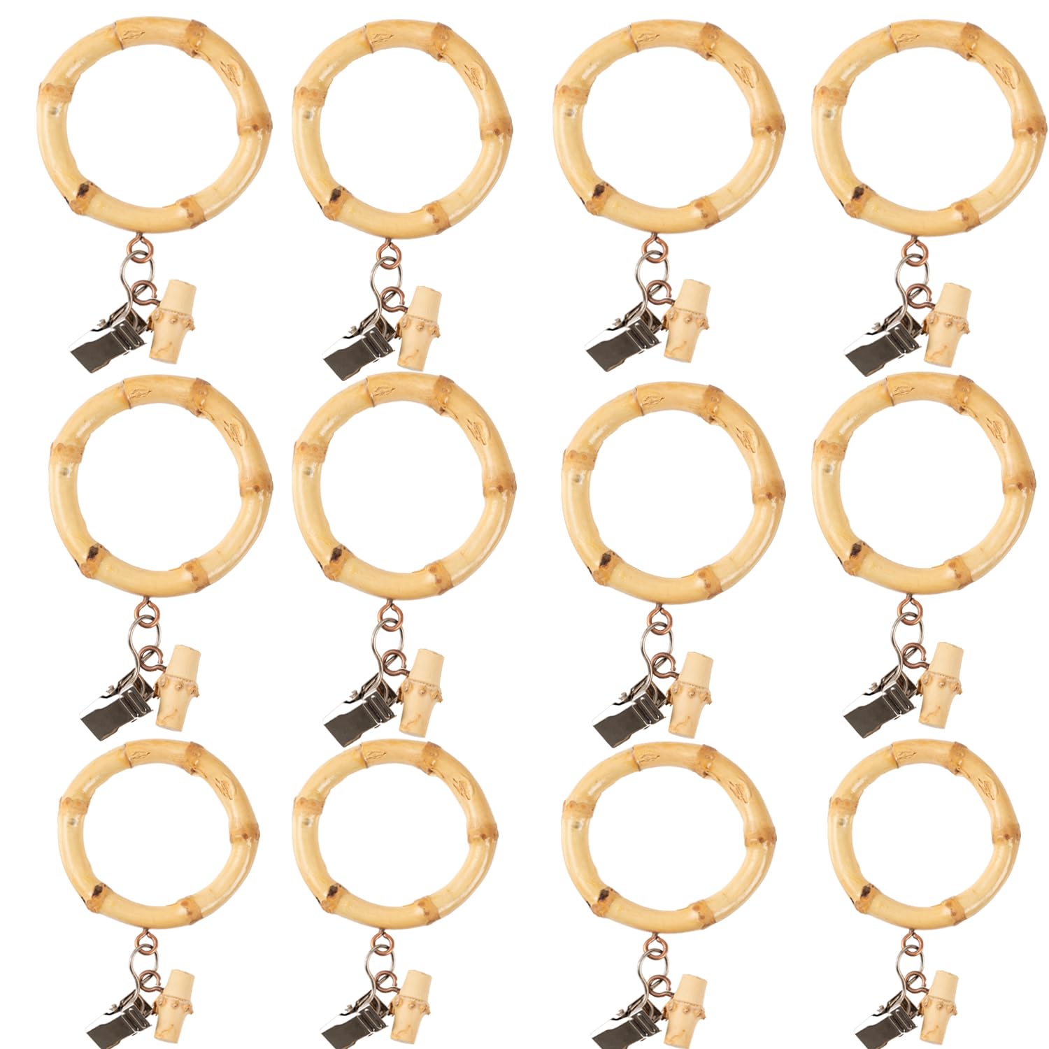 Photo 1 of 12 Pack Bamboo Curtain Rings with Metal Clips, Fits 1.3 Inch Rod (1.57 Inch Diameter) for Window Shower & Drapery