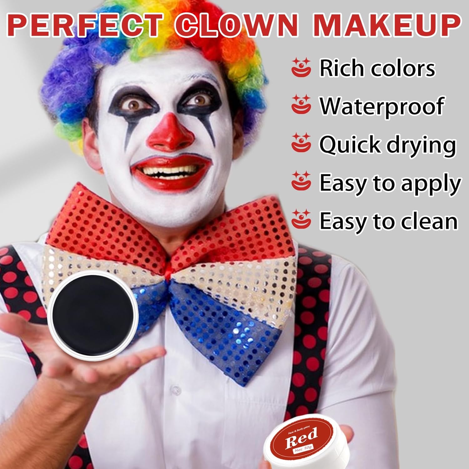 Clown Makeup Kit,Red Black and White Face Painting Kit Professional,Clown Face Paint Halloween Makeup with Brushes,Oil Based Body Paint for Adults,Joker Vampire Zombie - Image 4
