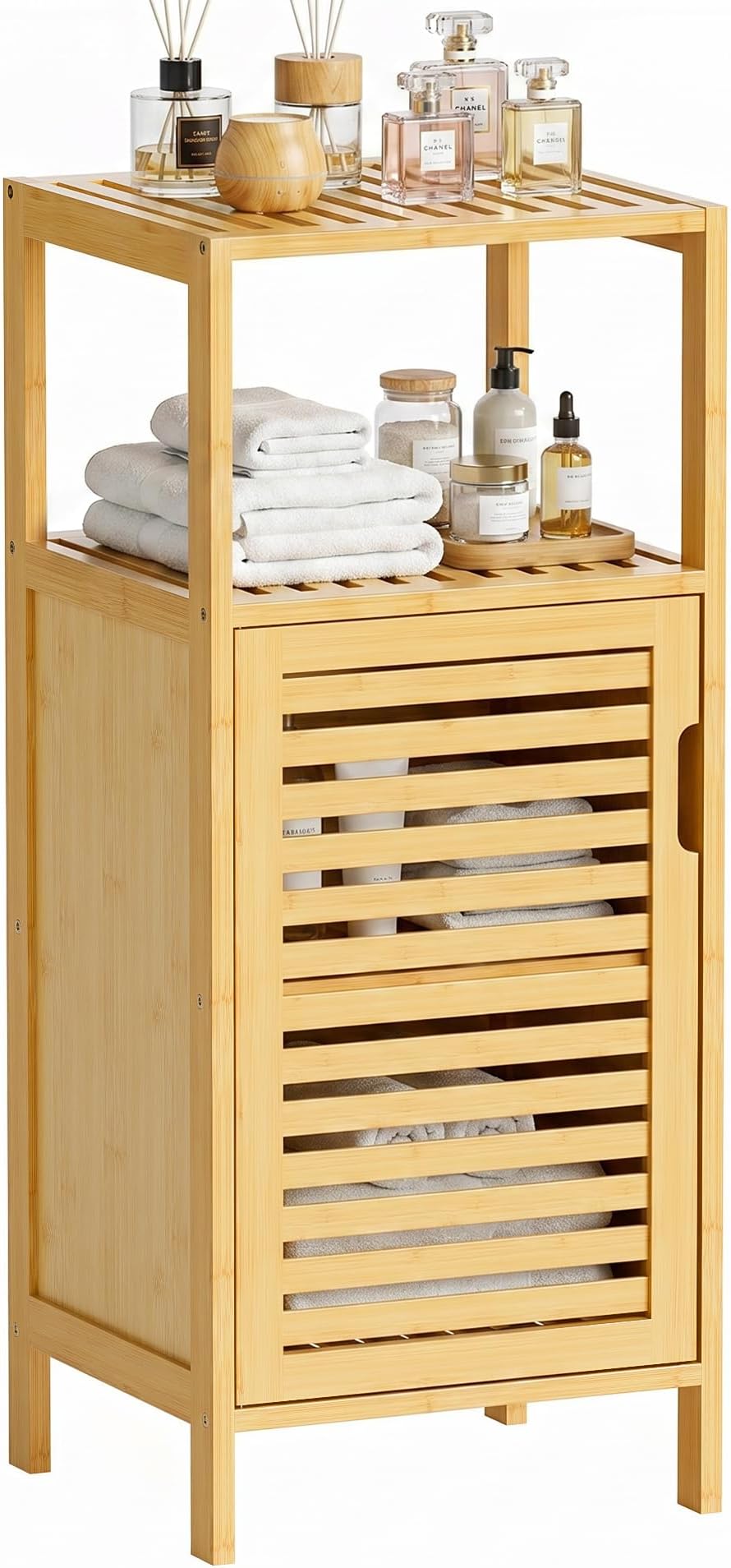 HITNET Bathroom Cabinet Freestanding, Small Bamboo Floor Cabinet, Sofa Side Table Storage Organizer, Space Saving Kitchen Cupboard for Bedroom Living Room, Natural