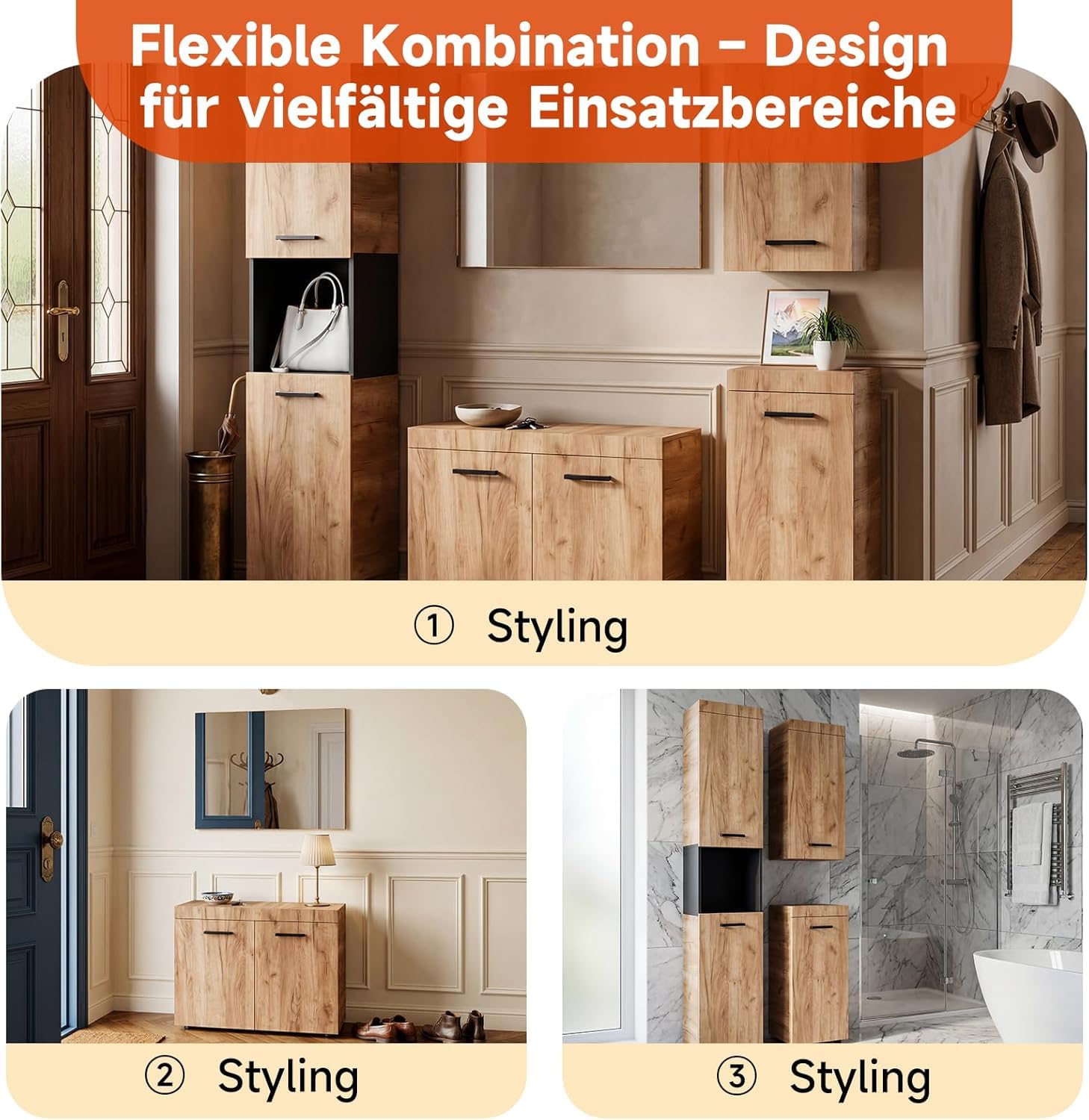HAUSPROFI 5-teiliges Garderobenset, Flurgarderobe mit Spiegel, Doppeltür-Schuhschrank, Langer Schuhbank, Kleiderschrank und Stauraumschränken, Holzoptik, für Flur und Bad
