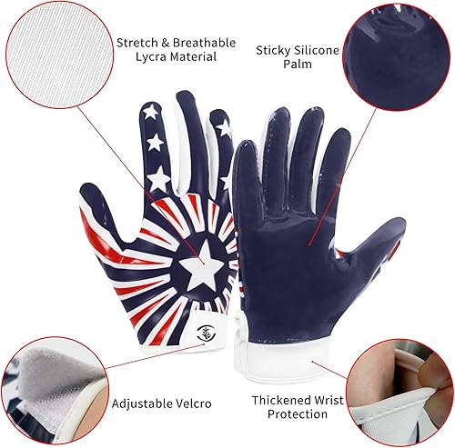 Vista 22 de Guantes de fútbol juvenil, guantes receptores juveniles, de silicona, antideslizantes, transpirables, con bandera estadounidense, experiencia