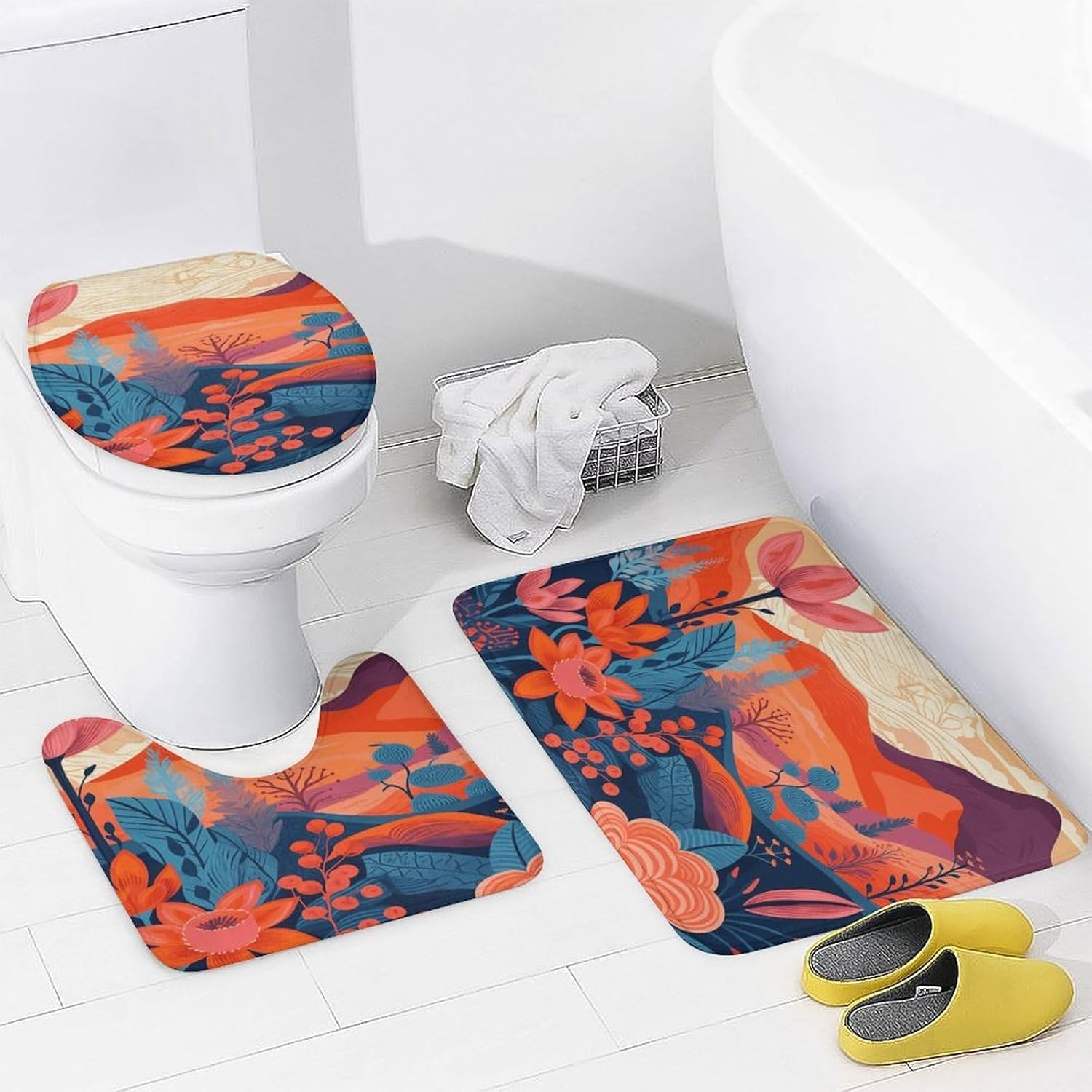 Flowers in Ink 4Pcs Shower Curtain Set with Non-Slip Rugs, Toilet Lid Cover and Bath Mat,Bathroom Set Decor Accessories,Curtain Set with 12 Hooks, 72 X 72 Inch