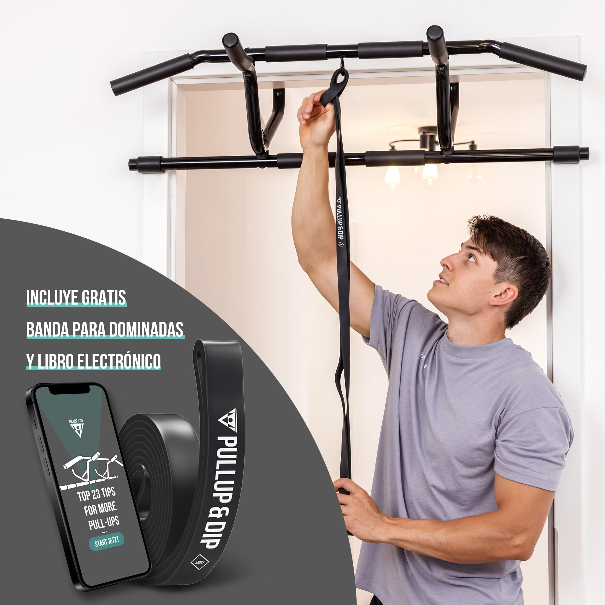 PULLUP & DIP Barra de dominadas para marcos de puerta sin taladrar, incluye estación de fondos – marco de puerta con barra de fondos – extensión de barra de fondos para casa