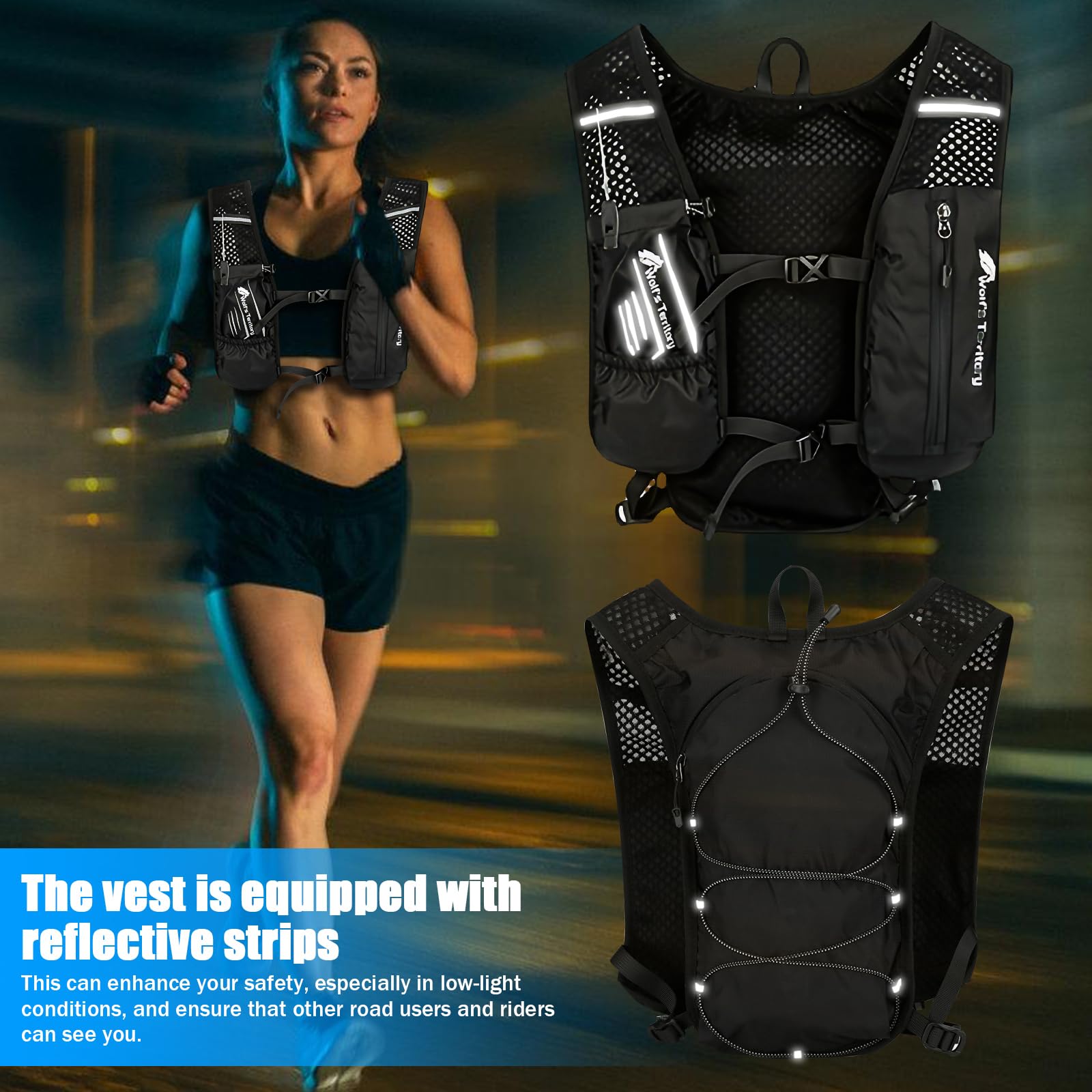 Gilet de course pour homme et femme - Imperméable - Réfléchissant - Avec 2 bouteilles d'eau de 480 ml - Gilet d'hydratation réglable - Pour la course à pied, les marathons, le cyclisme, la