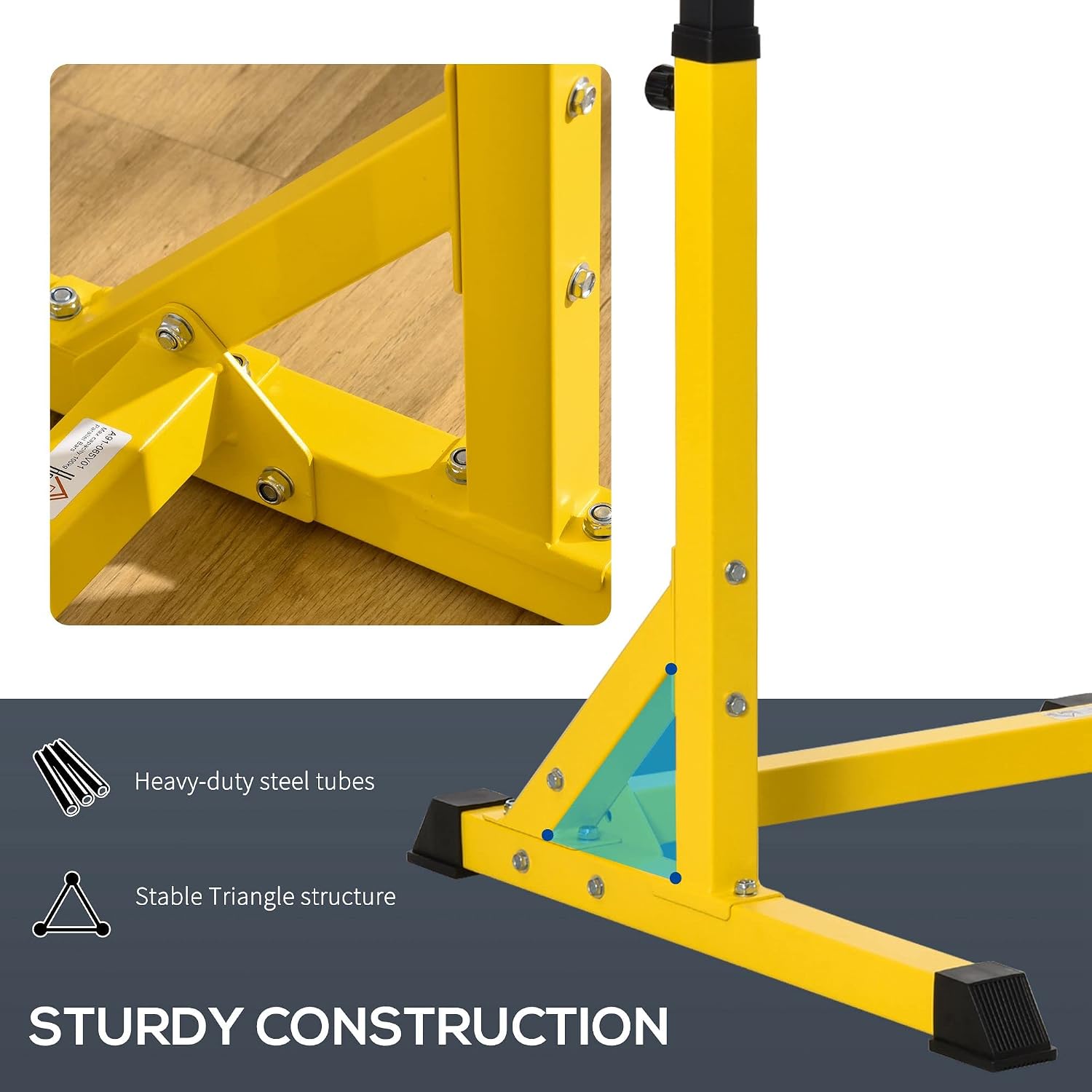 Image showing the sturdy construction of the dip station with heavy-duty steel tubes and a stable triangle structure.