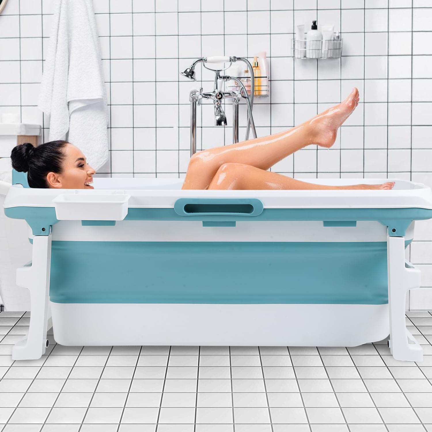 Bañera plegable para adultos, tamaño L, 132 x 60 x 50 cm, portátil, plegable, ideal para baños pequeños, con cesta de jabón, drenaje rápido, azul
