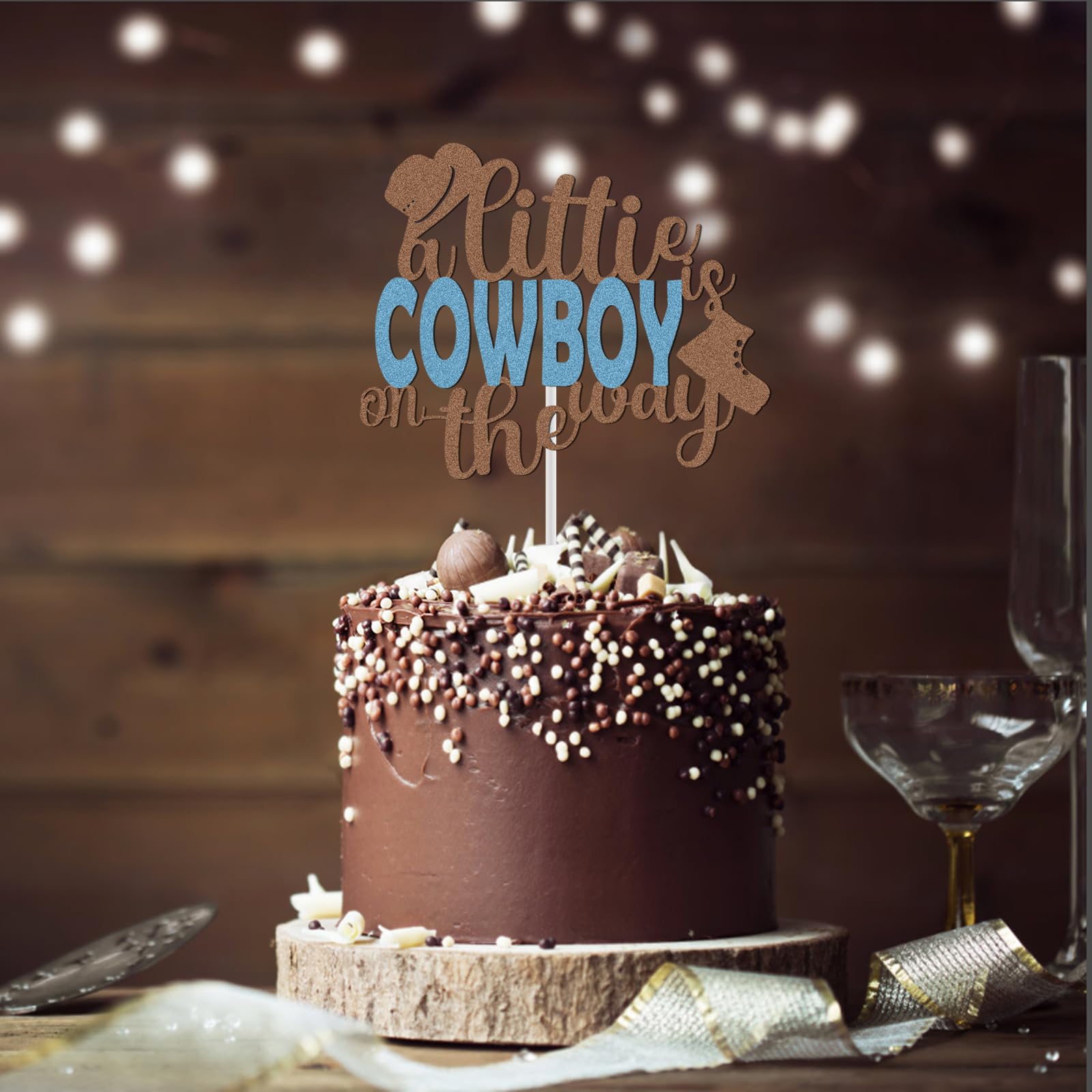 Cowboy Cake Topper Decoration - Glitter Western Theme For Baby Shower & Birthday, Cardboard With Support Stick - View #5
