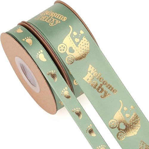 Meseey 2 rollos en total de 20 yardas de cinta de bienvenida para bebé, color verde salvia y dorado, para manualidades, pasteles, baby shower,