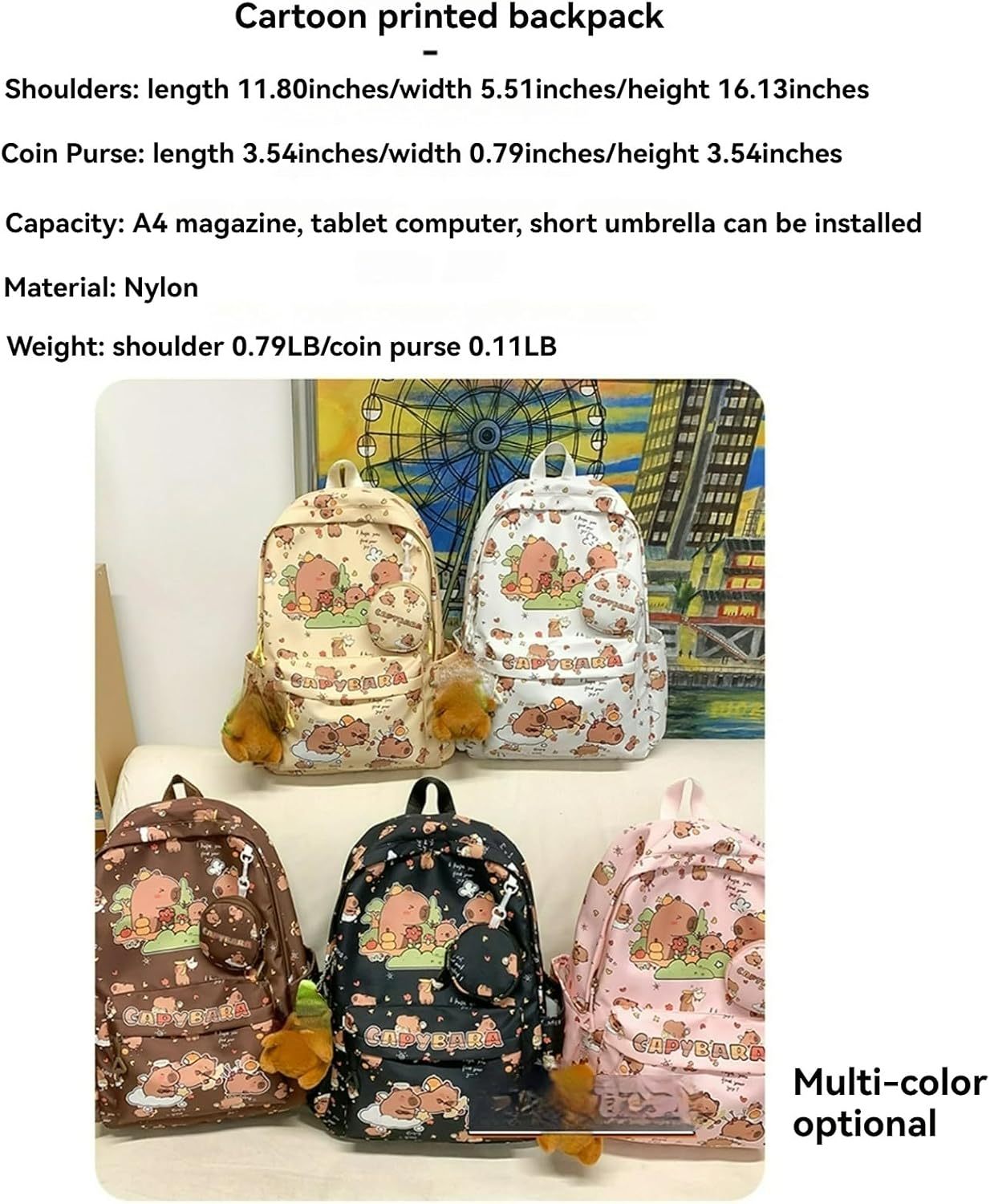 Capybara Fashionable Print Large Capacity Backpack with Pins, Accessories and Coin Purse for Adults Ita Bag (White) - Image 2