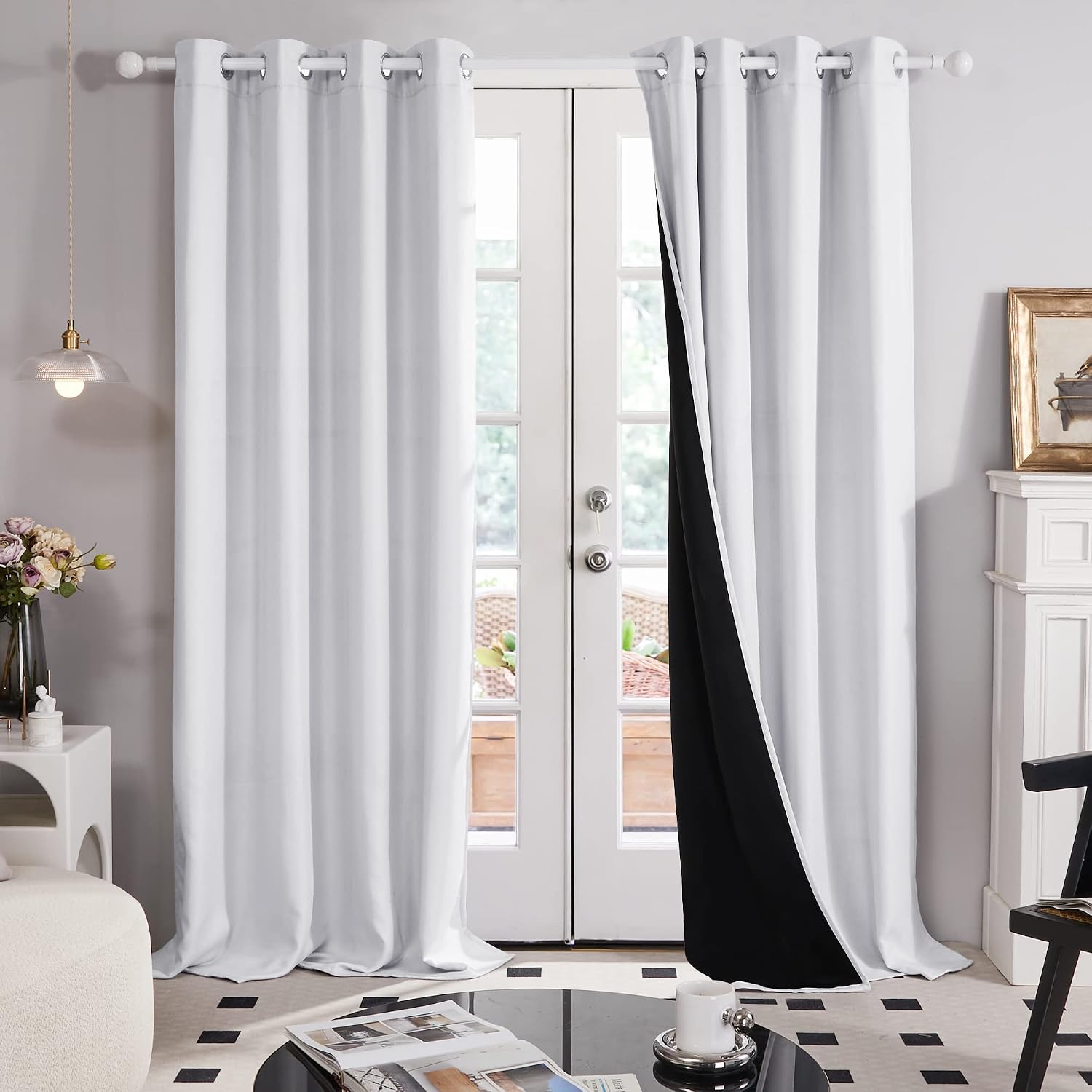 Deconovo White Drapes, Total Blackout Curtains with Black Back Layer (Greyish White, 52x95 Inch, 2 Panels) Soundproof Drapes, Thermal Insulation Curtains, Textured Long Sliding Glass Door Panels
