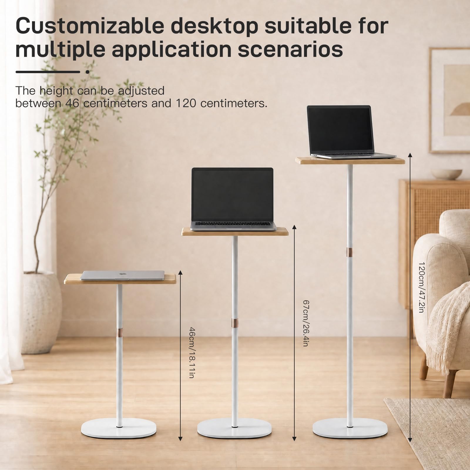 Leggio regolabile in altezza 46-120 cm, supporto portatile per laptop con ruote, tavolo regolabile per computer, tavolino portatile per ufficio, scuola, presentazione, divano e letto (bianco)