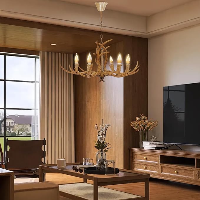 OMGGYER Vintage kroonluchter met 6 kops plafondlamp eetkamer lamp met hertengewei decoratie voor woonkamer slaapkamer keuken eetkamer bar café in hoogte verstelbare antieke hanglamp (B) photo 3