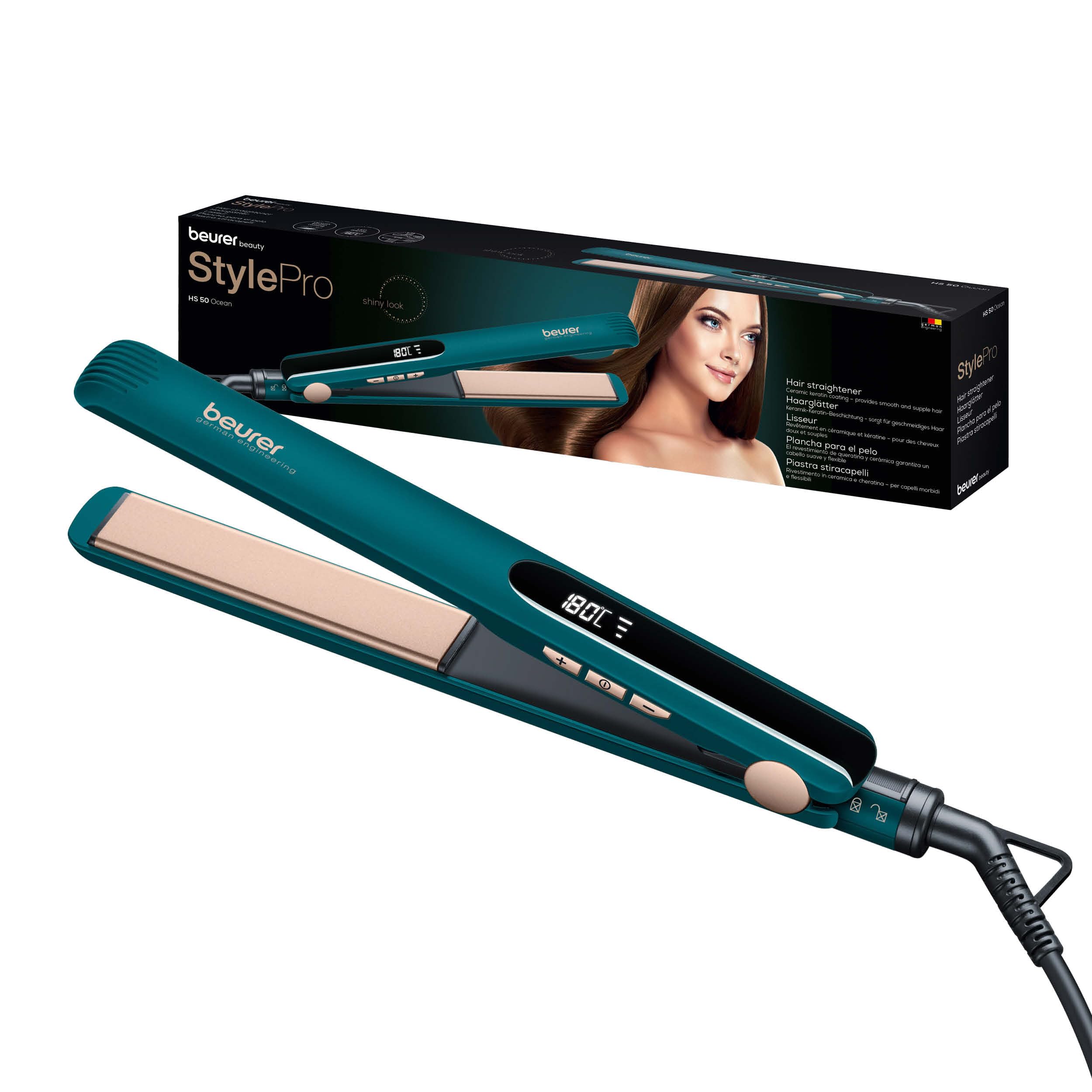 Beurer HS 50 Ocean Plancha para el pelo, alisador con revestimiento cerámico de queratina para un cabello suave, pantalla LED para indicar la temperatura, ajuste de temperatura de 120 a 220°C