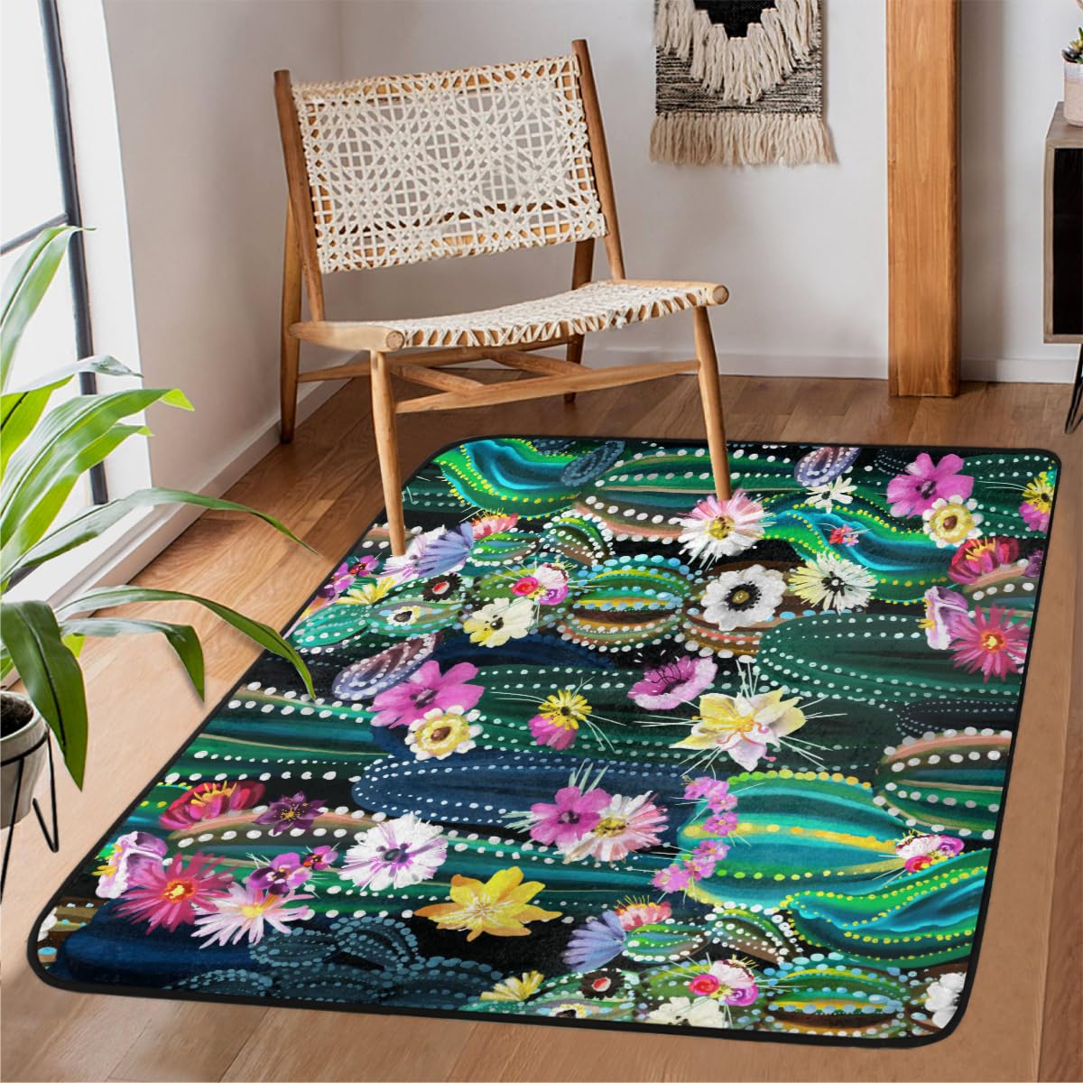 Tapis de salon motif cactus floral 122x160 cm pour un séjour moderne et chaleureux